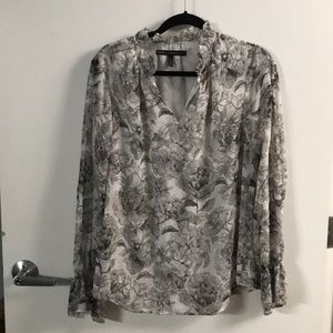 WHBM Grey floral blouse with ruffles